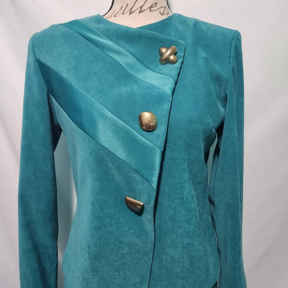 Vintage Leslie Fay Turquoise Velvet Skirt Suit Jacket Set W Gold Buttons Size 6P